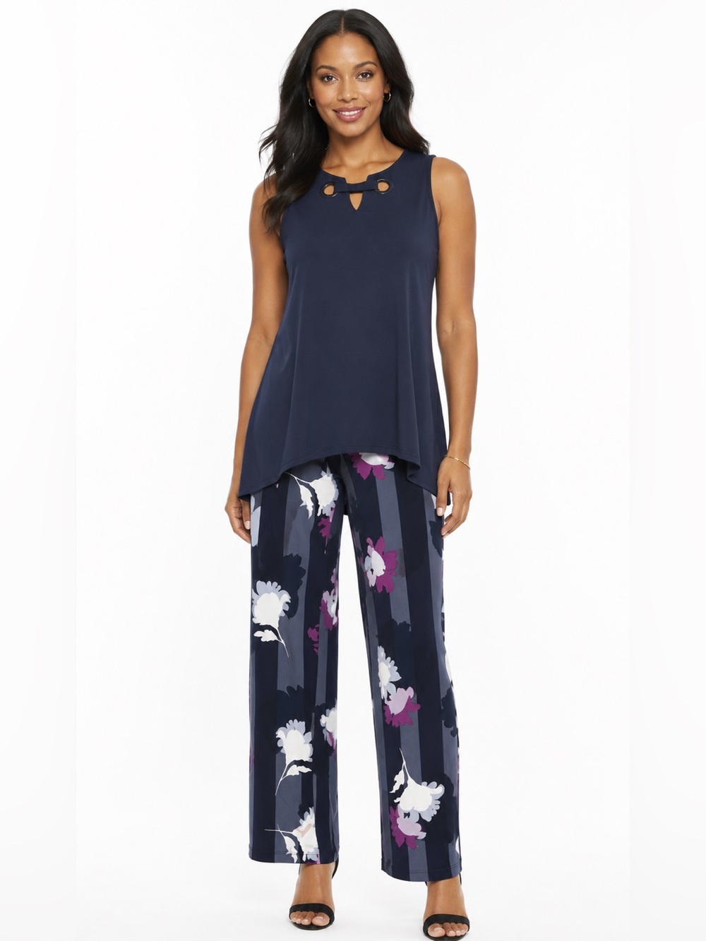 ALFANI 2p Split Neck Tunic Top & Block Buds Print Pants Nautical Navy $130 PS SP